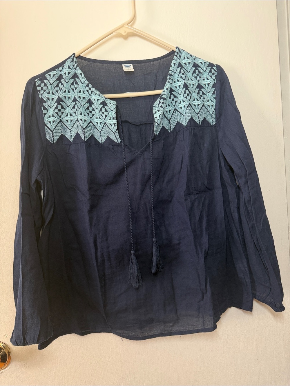 OLD NAVY, Navy Blue Tunic with Aqua Embroidered Yoke